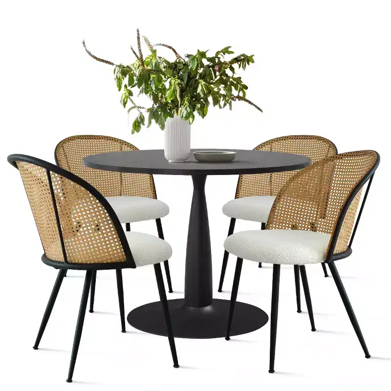 5-Piece Round Dining Table Set for 4, Dining Room Set with 4 Boucle Fabric Mesh Rattan Backrest Dining Chair, Indoor Furniture-Panipeachy