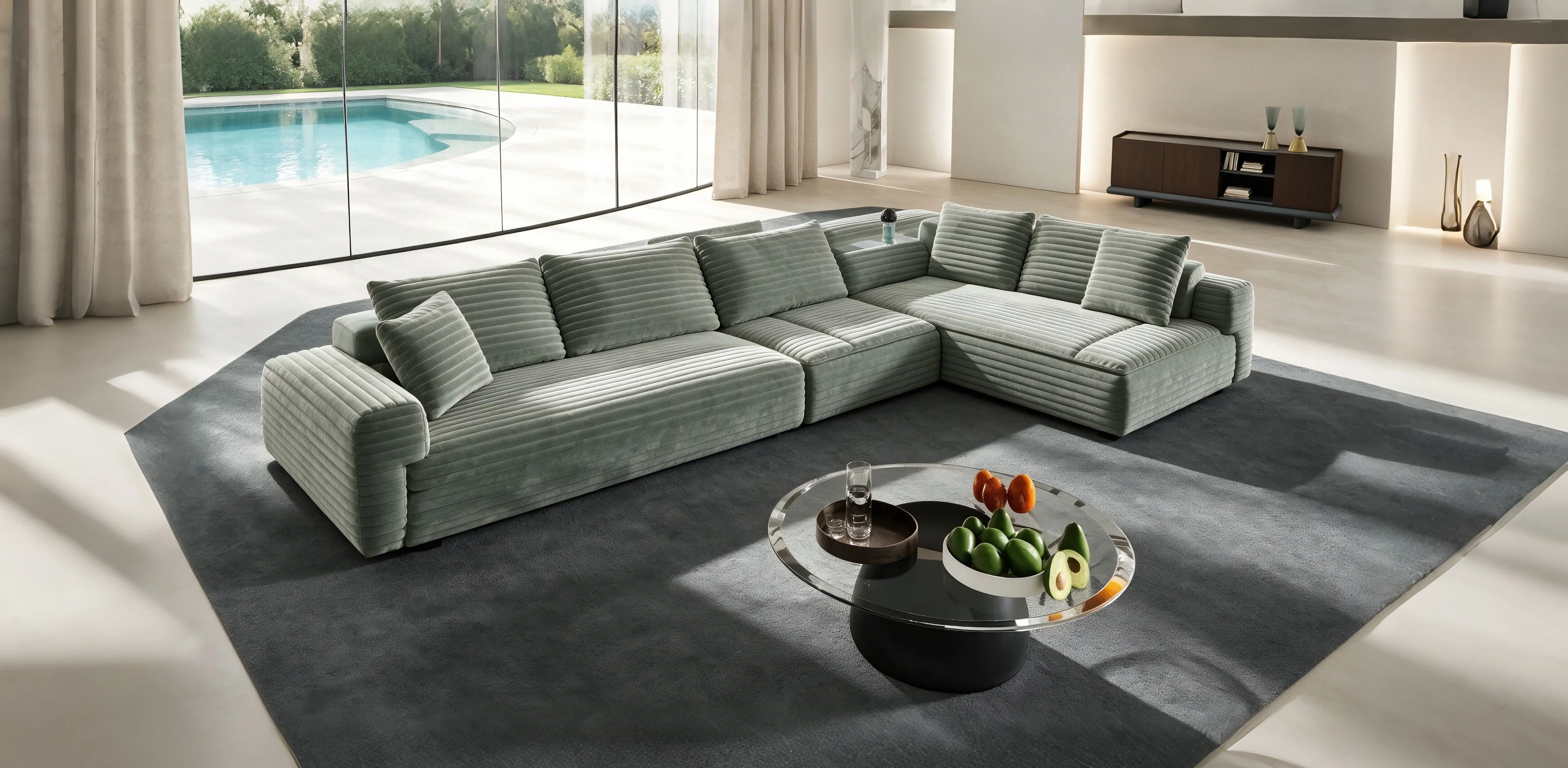 Canapé convertible 4 places en velours côtelé peluche 102,4 cm avec poufs - Vert