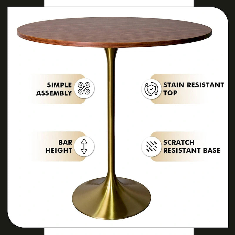 36 Round Dining Table with MDF Wood Tabletop and Brushed Gold Pedestal Base