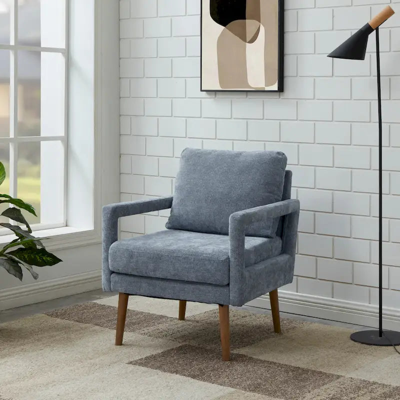 Blue Chenille Upholstered Accent Arm Chair | Mid-Century Modern | Ergonomic Cushion | 25.98 Inch Wide