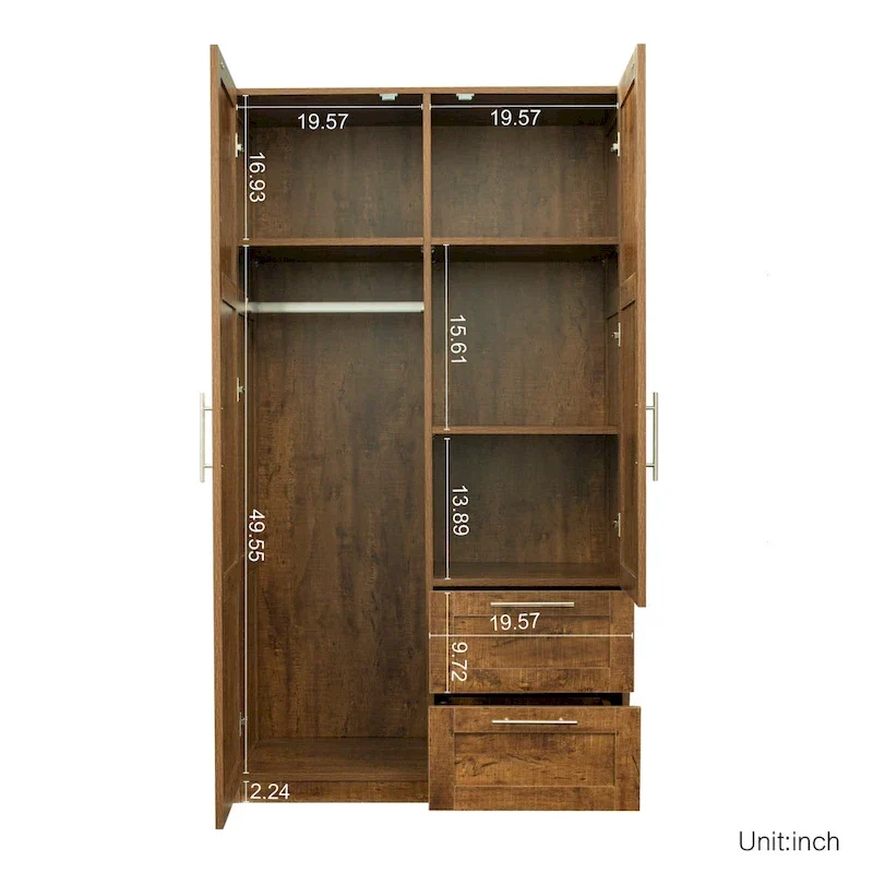 Armoire-penderie en bois blanc avec portes, tiroirs et tringle.