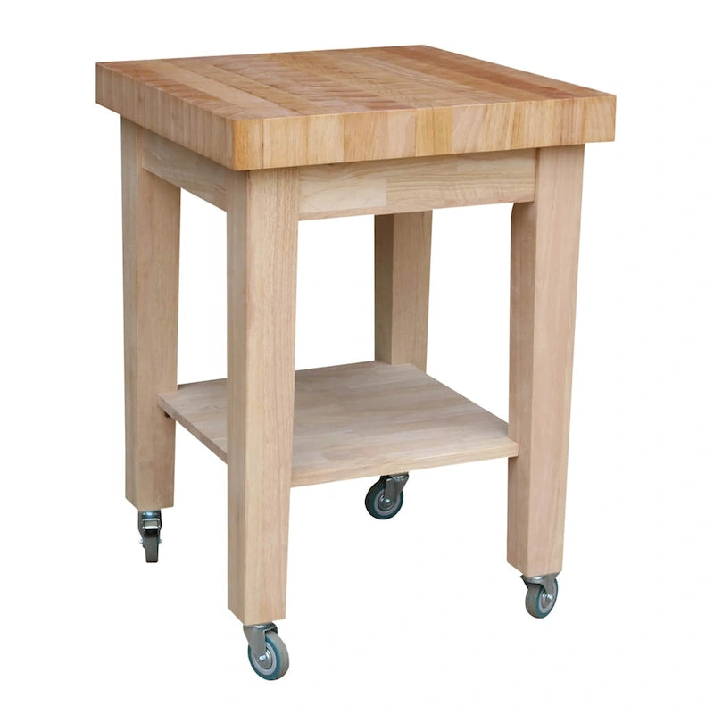 Unfinished Solid Parawood Kitchen Island Cart with Locking Casters Natural Wood