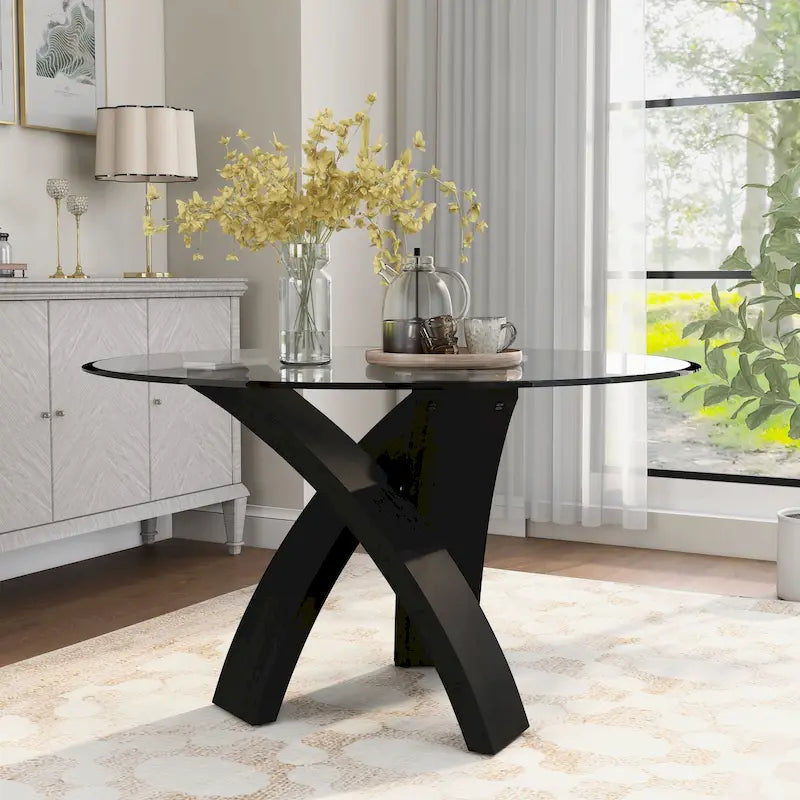52 Round Glass Top Dining Table with Criss-Cross Pedestal Base