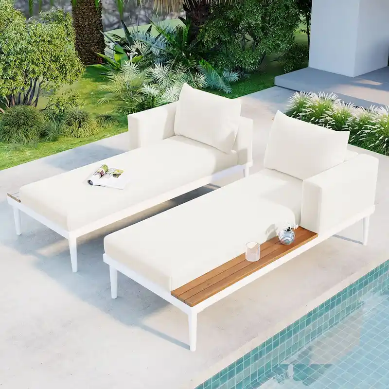 Beige Outdoor Patio Daybed with Acacia Wood Topped Side Spaces