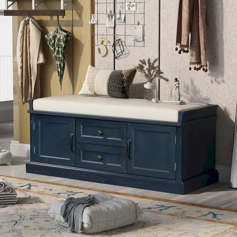 Storage Bench with 2 Drawers and 2 Cabinets, Removable Cushion
