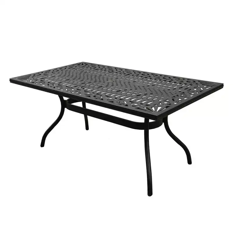 7pc Patio Dining Set with 68" Modern Ornate Outdoor Mesh Aluminum Rectangular Table & Modern Chairs - Black - Oakland Living: UV-Resistant