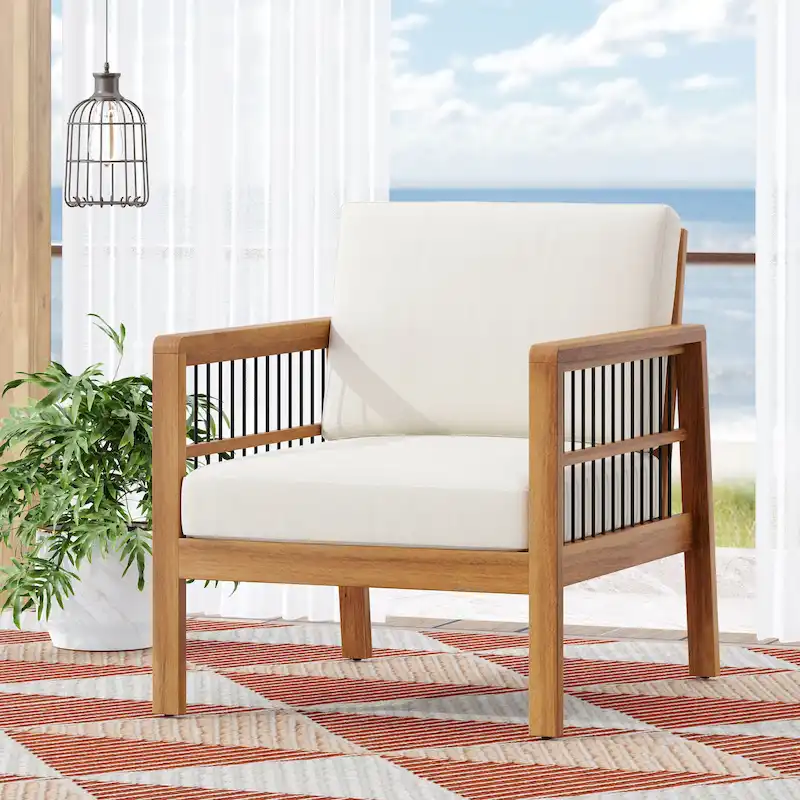 Roomfitters Acacia Wood and Wicker Outdoor Club Chair with Deep Seating and Cushion for Porch or Garden, Teak+Beige