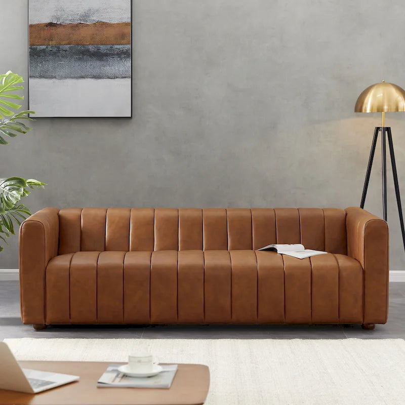 Mid-Century Full Grain Leather Tufted Sofa | Tan