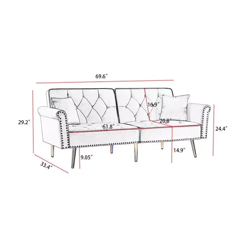 69.6 Convertible Futon Sofa Bed With 2 Pillow, Upholstered Loveseat Sleeper Sofa with Adjustable Backrest, 2 Seat Couch for Office Guest Room Bedroom