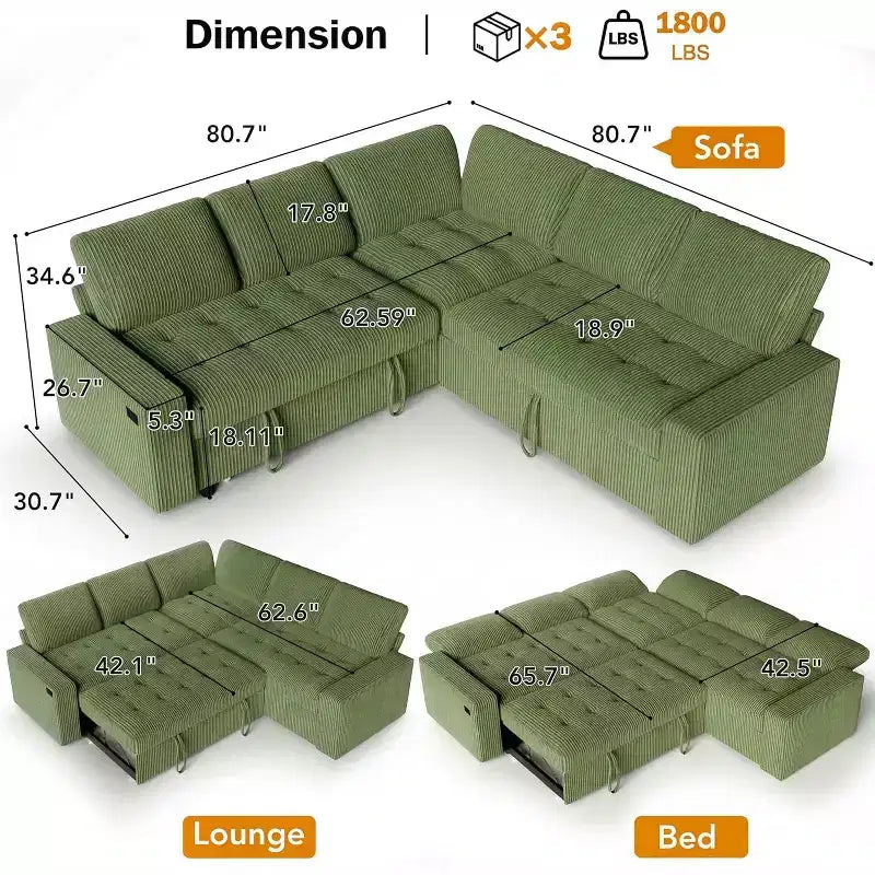 Dyonery 80-inch 5-person seat Combination-style sofa, featuring adjustable backrest and storage space, no assembly required - corduroy