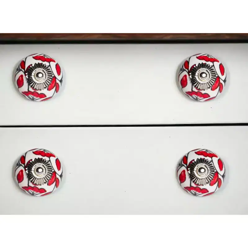 HomeRoots Set of Eight White And Red Ceramic And Metal Drawer Pull Knobs
