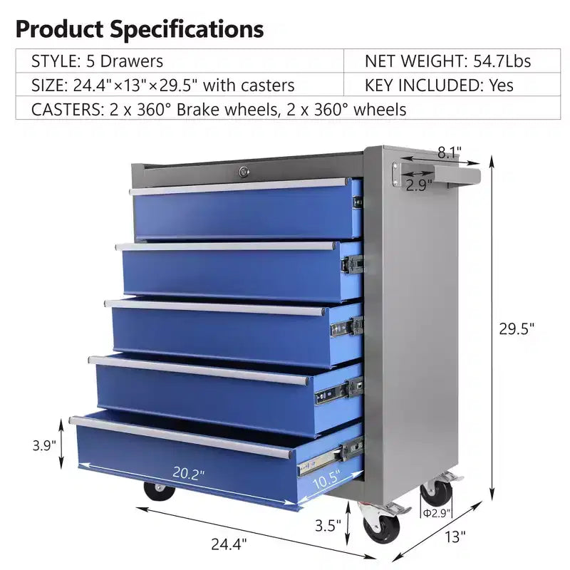 5 Drawer Rolling Tool Chest with Wheels, Steel Portable Tool Storage Cabinet for Garage Workshop Warehouse
