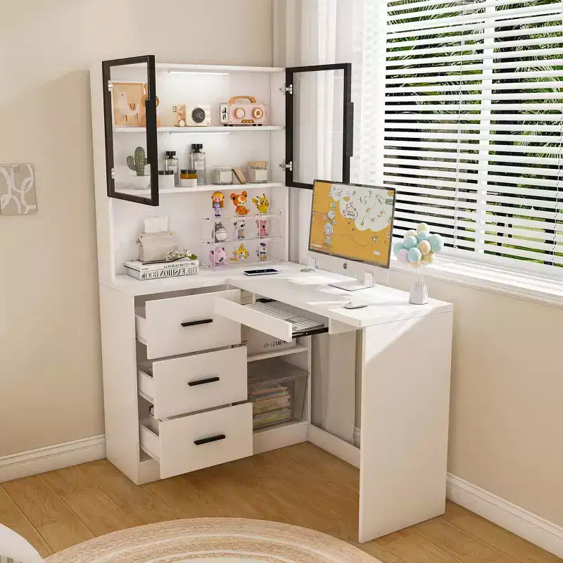 JVNOXK Computer desk with glass cabinet and built-in LED lighting, L-shaped corner desk, featuring USB charging ports and keyboard tray, white