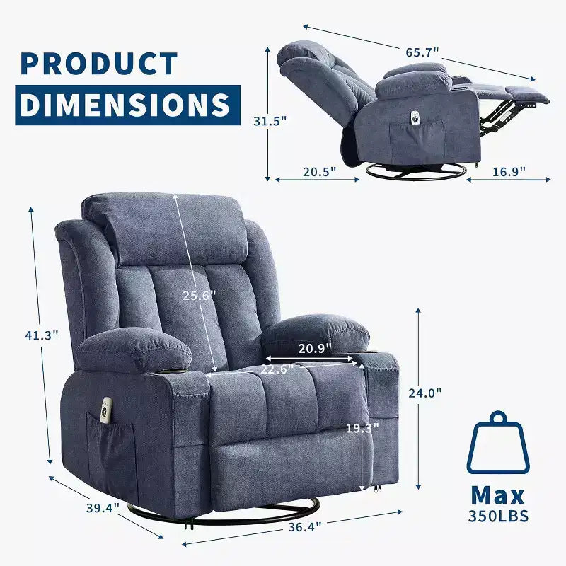 Swivel Recliner Chair,Wide Rocker Chair with Heat Massage,Single Rocking Chair with 3 Positions,2 Side Pockets,Cup Holders,USB Ports,Remote Control