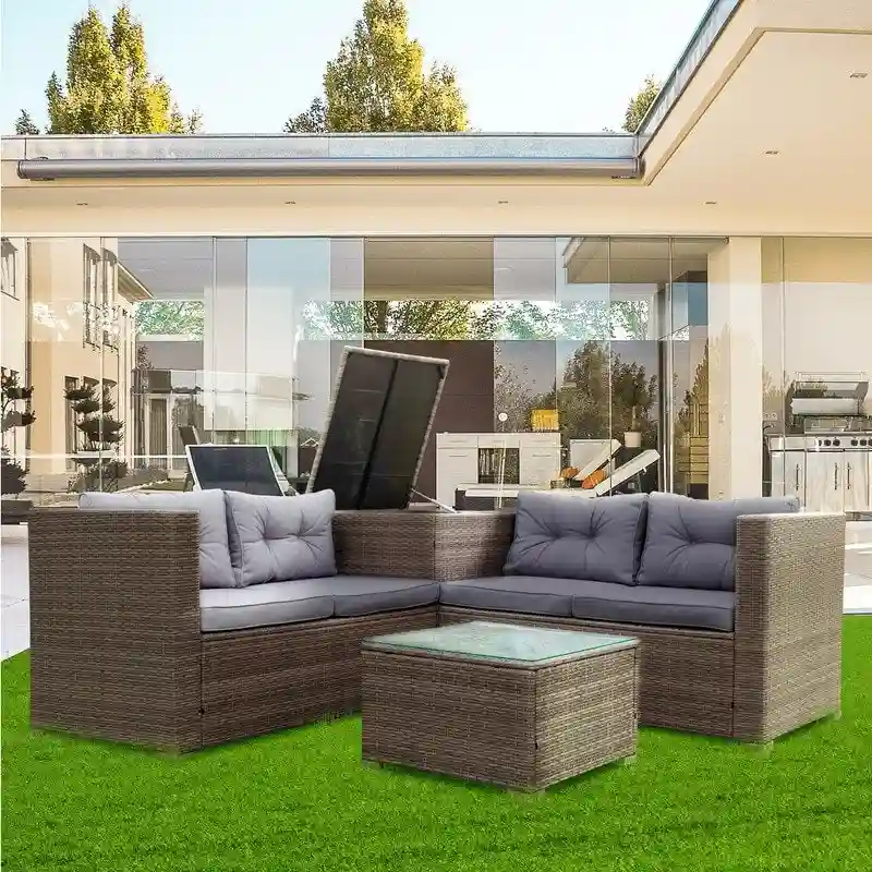 4 Piece Patio Sectional Wicker Outdoor Sofa Set with Storage Box