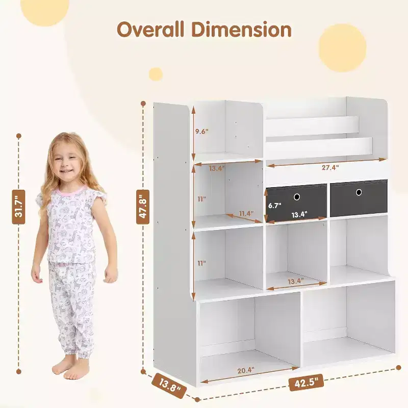 Children's Bookshelf with 2 Drawers & 3 Sling Shelves, Book & Toy Storage Organizer for Playroom, Bedroom, Classroom