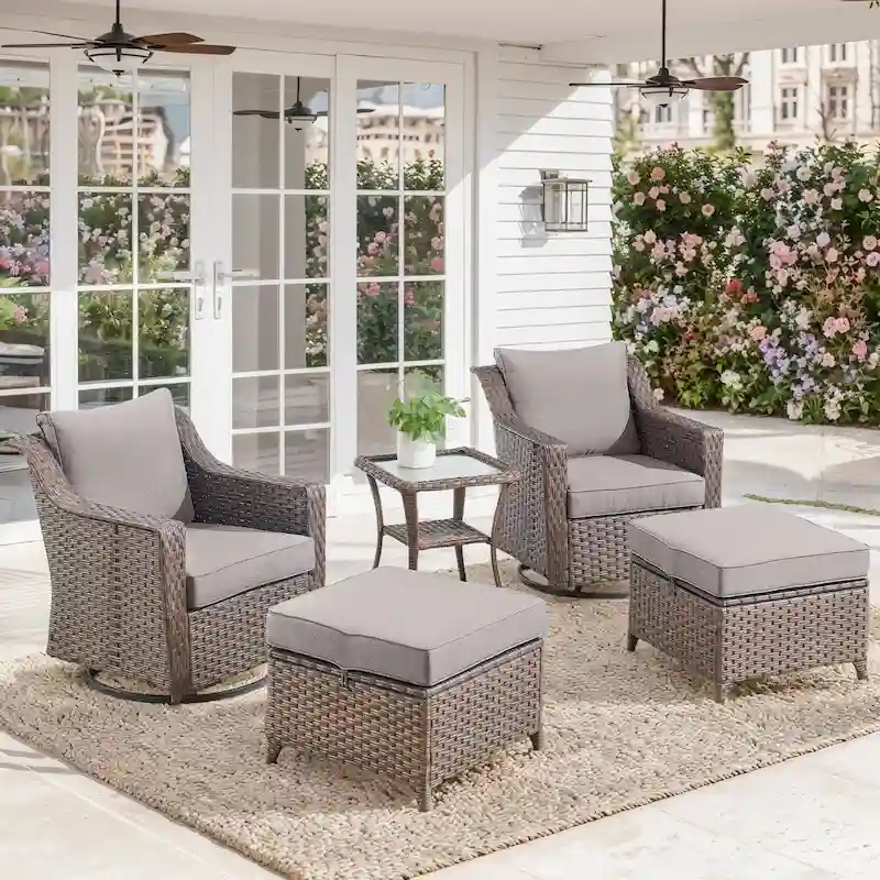 Swivel Rocking Chairs with Ottomans and Side Table - Brown