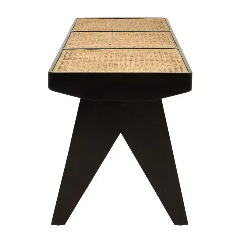 55 Handwoven Rattan Bench - Mango Wood Frame, Black, Seats 3