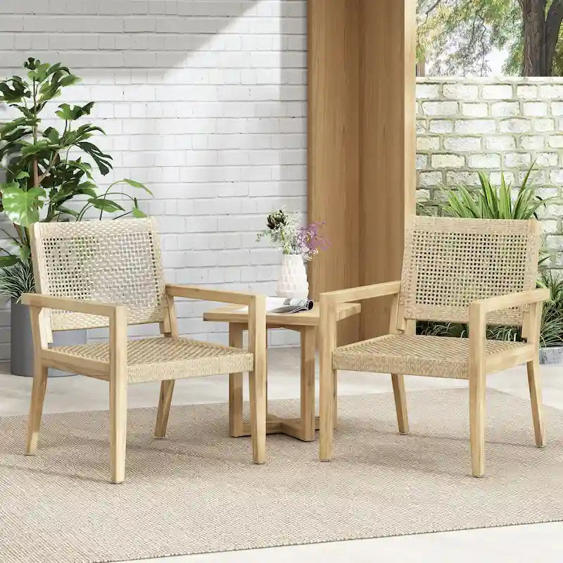 Roomfitters Set of 2 Outdoor Wicker and Acacia Wood Club Chairs with Cushions for Patio Seating, Natural