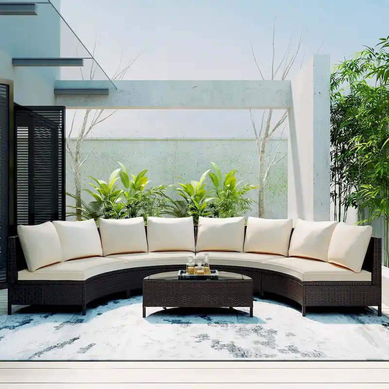 TOPMAX 5 Pieces Outdoor Patio Sectional Half-Moon Sofa Set with Tempered Glass Table
