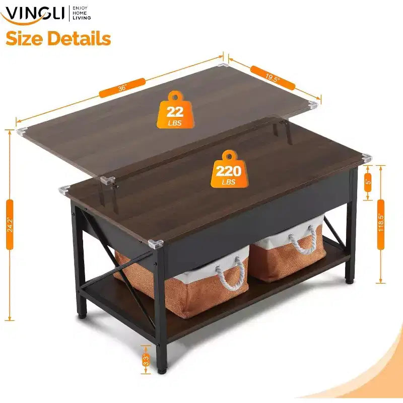 VINGLI 36 Lift Top Coffee Table with Cloth Storage Bins, Rustic Farmhouse Coffee Tables for Living Room, Espresso