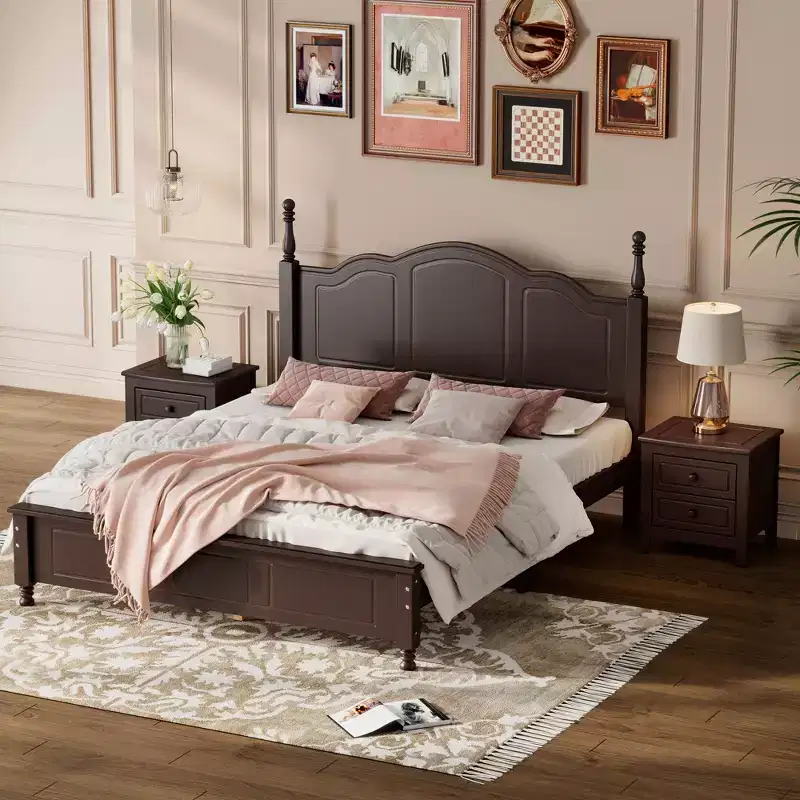 3 PCS Bedroom Sets, Queen/Full Size Wood Platform Bed with Two Nightstands-ModernLuxe
