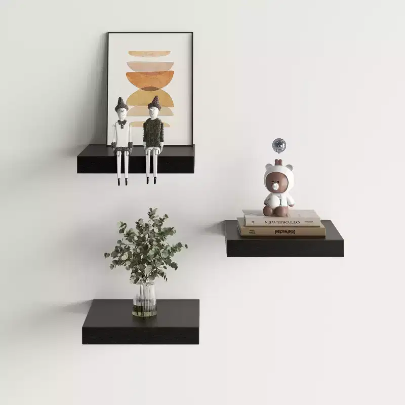 FurnitureR Floating Shelves Set of 3 for Wall, WallMounted Rustic Wood Shelves for Bathroom, Bedroom, Living Room, Kitchen, Black
