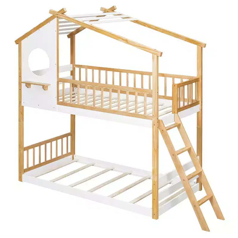 Twin Over Twin Playhouse Bunk Bed with Roof, Safe Ladder & Railings, Natural Pine