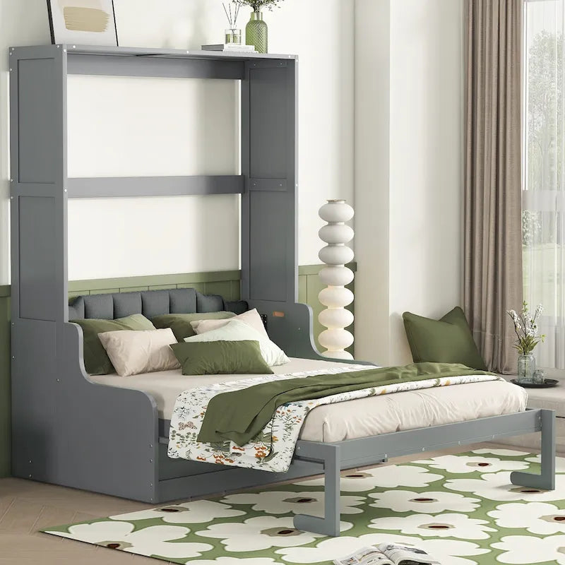 Queen Murphy Wall Bed with Folding Chair Cushion, Espresso / Gray / White, Sleeps 1