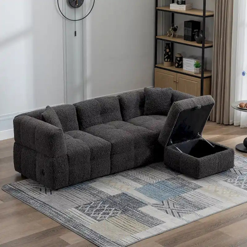Sectional Sofa, L-Shape Couch with Movable Storage Ottoman 2 USB Ports and 2 Pillows Upholstered Tufted Couch for Living Room