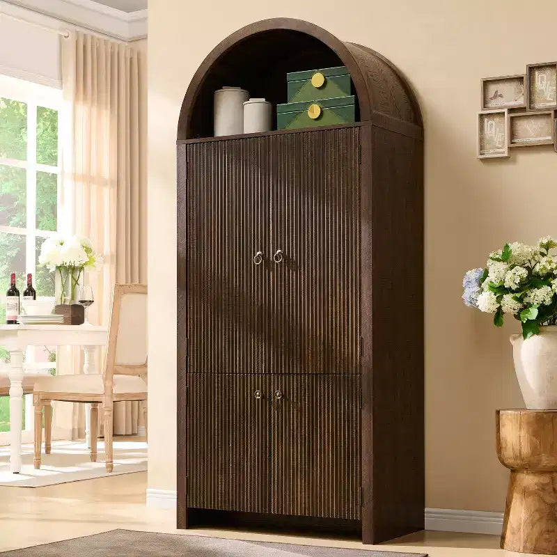 71 Tall Arched Kitchen Pantry, Modern Storage Cabinet with 3 Adjustable Shelves, 6 Door Shelves, for Kitchen, Living Room