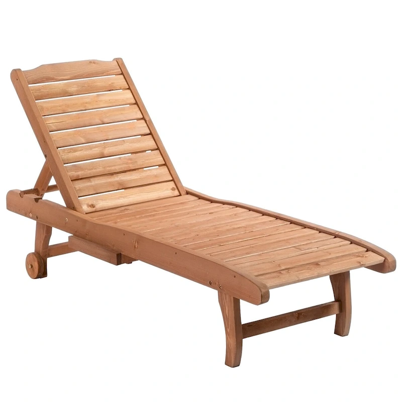 Outdoor Chaise Lounge Pool Chair, Built-In Table, Rolling Wheels