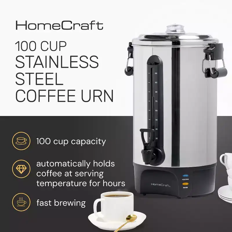 HomeCraft 100-Cup Coffee Urn and Hot Beverage Dispenser with Dripless Faucet, Quick-Brewing, Stainless Steel