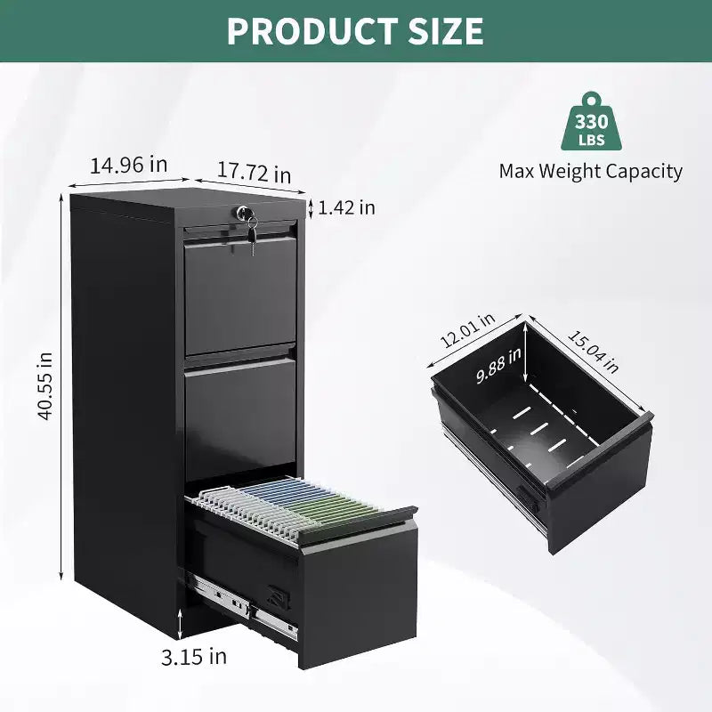 Metal Filing Cabinet with 3 Drawers and Lock, Vertical Filing Cabinet for Lette, Legal, A4, F4, Office Cabinet, Drawer Cabinet for Office