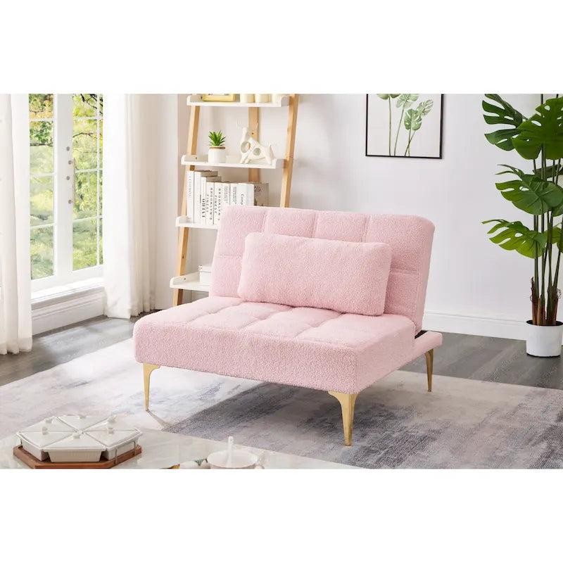 Pink Teddy Chenille Sofa Bed | 3-Position Futon | Solid Wood Frame | 300 lb | Gold Legs