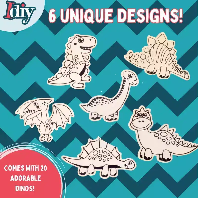 SCS Direct Kids Party Dino Wood Painting Craft Kits (20ct) -Dinosaur Designs -Each Kit Has its Own Brush, Paint, & Figure- Fun, Unique Birthday Party