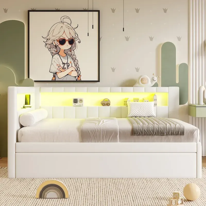Lit plateforme rembourré avec ports USB et éclairage LED - Cadre de lit double/simple avec 2 tiroirs de rangement - Chambre moderne