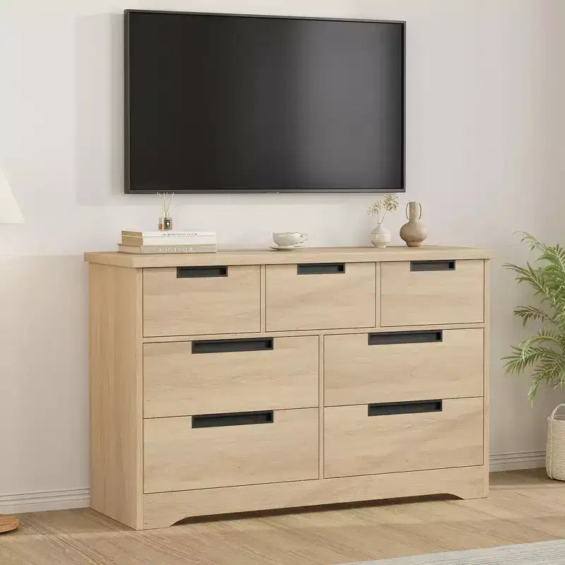 7 Drawer Wooden Dresser, Natural Double Dresser with Embedded Handles, Multifunctional Storage Chest of Drawers for Bedroom Living Room Nursery