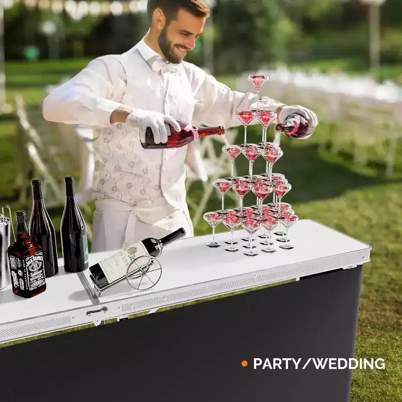 VINGLI 78 Portable Bar Table, 2-Tier Shelves, Mobile Bar Table for Events, Party, Camping, Picnic, Tradeshow, Indoor with Black Skirt