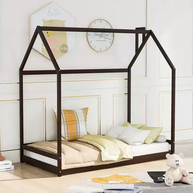 Twin Size/Full Size Platform Bed, Wooden Floor Bed, House-Shaped Bed Frame with Roof for Teens Boys Girls Bedroom Furniture (Slats Not Included)
