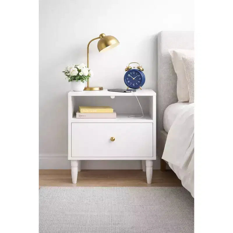 Modern White Nightstand with Drawer & Open Shelf, Gold Knob, Solid Wood Legs, Bedside Table for Bedroom/Living Room