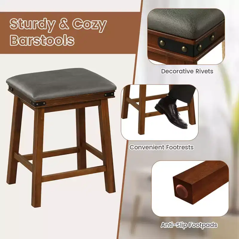 Costway 24'' Dining Bar Stool Set of 2 Counter Height Padded Seat Wood Frame Kitchen Brown/White