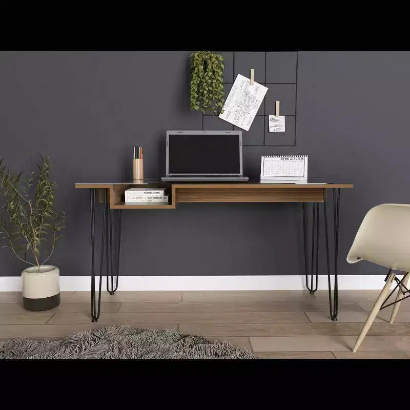 Manila Computer Desk Brown - Boahaus: Ergonomic 55 Wide, Glass Top, Metal Legs, Shelf