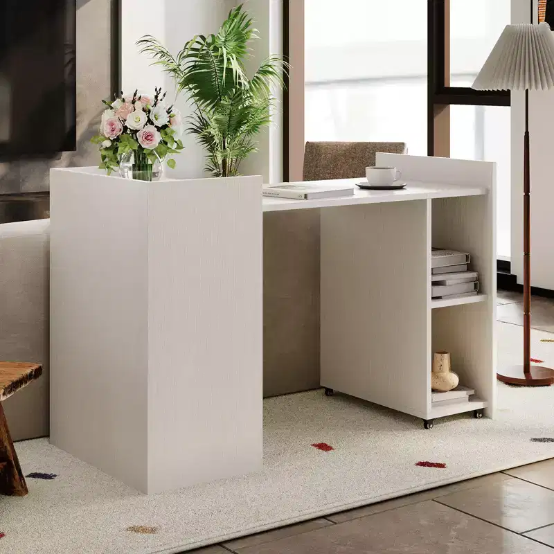 50 Folding Computer Desk with Bookshelf, Home Office Extension Table with Wheels, Small Study Writing Desk with Backless Storage Shelves