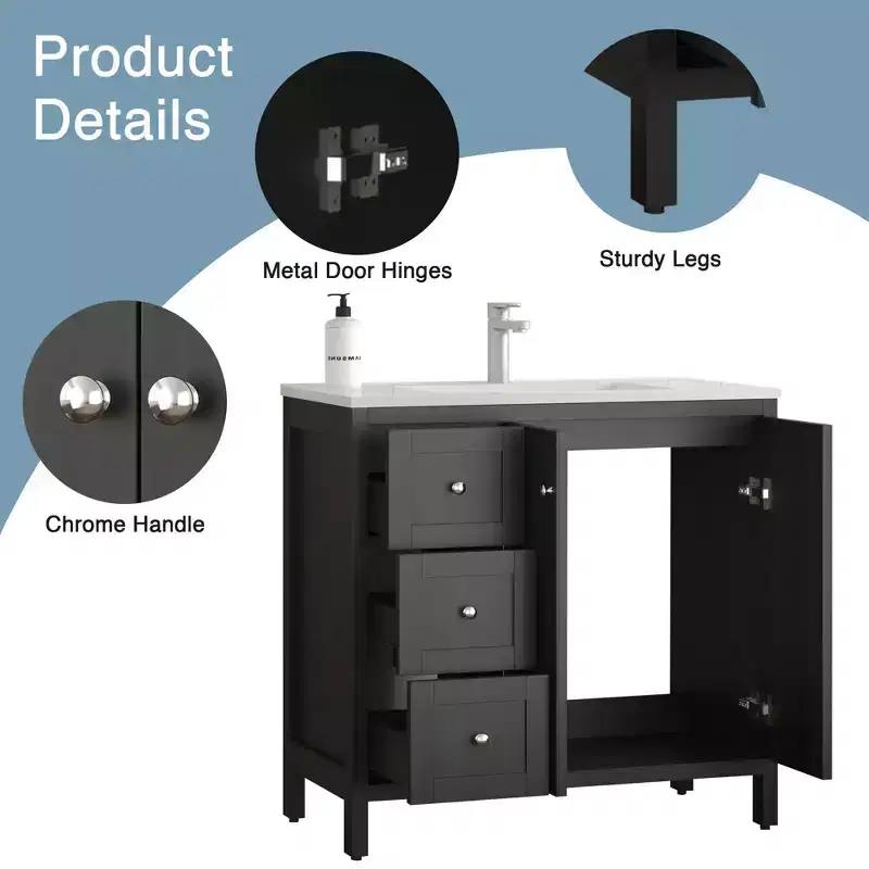 35.5 Black Bathroom Vanity with Basin and Aluminum Alloy Frame Wall Mirror Bathroom Storage Cabinet with Soft Closing Doors and 3 Drawers