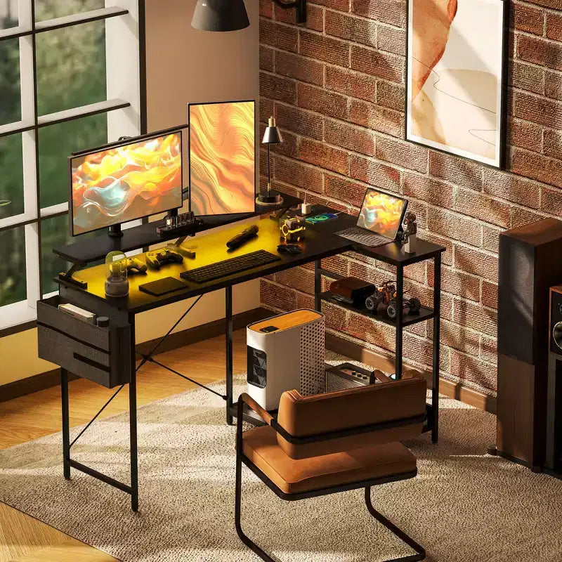 HOMCOM 58 Reversible L Shaped Desk with Storage Bag, Corner Computer Desk with Power Outlet and LED Light, Monitor Shelf and CPU Stand
