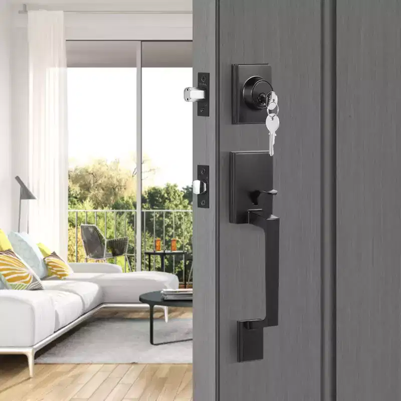 VEVOR Front Door Handle and Deadbolt Set, Square Entry Handle Set with Lever, Single Cylinder, Adjustable Hole Space, Matte Black