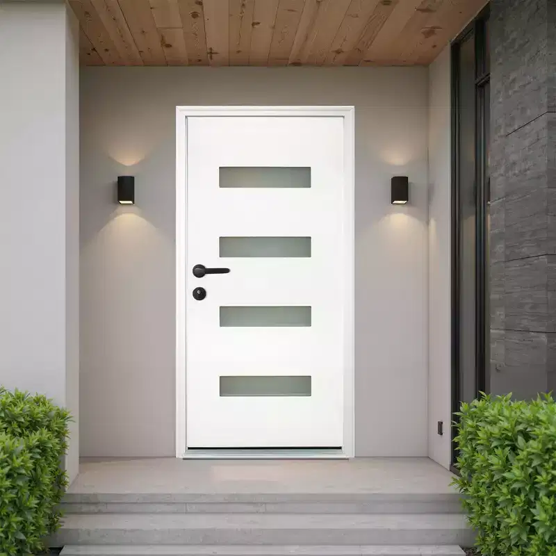 PexFix 36x80 4-Lite Exterior Frosted Glass Prehung Front Entry Door Primed Interior Fiberglass Entrance Door White Right Hand Inswing w/ Vinyl Frame