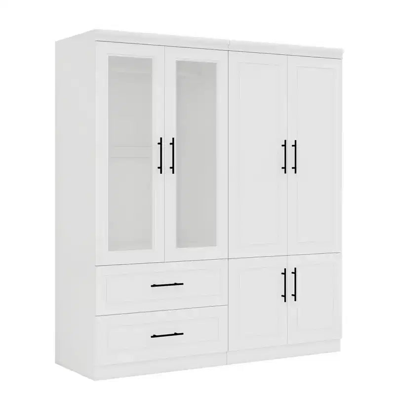 White Wood 63 in. Armoire with 2 Drawers and 6 Doors