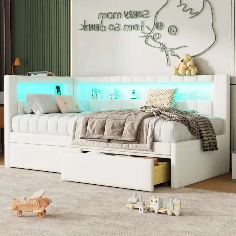 Lit plateforme rembourré avec ports USB et éclairage LED - Cadre de lit double/simple avec 2 tiroirs de rangement - Chambre moderne